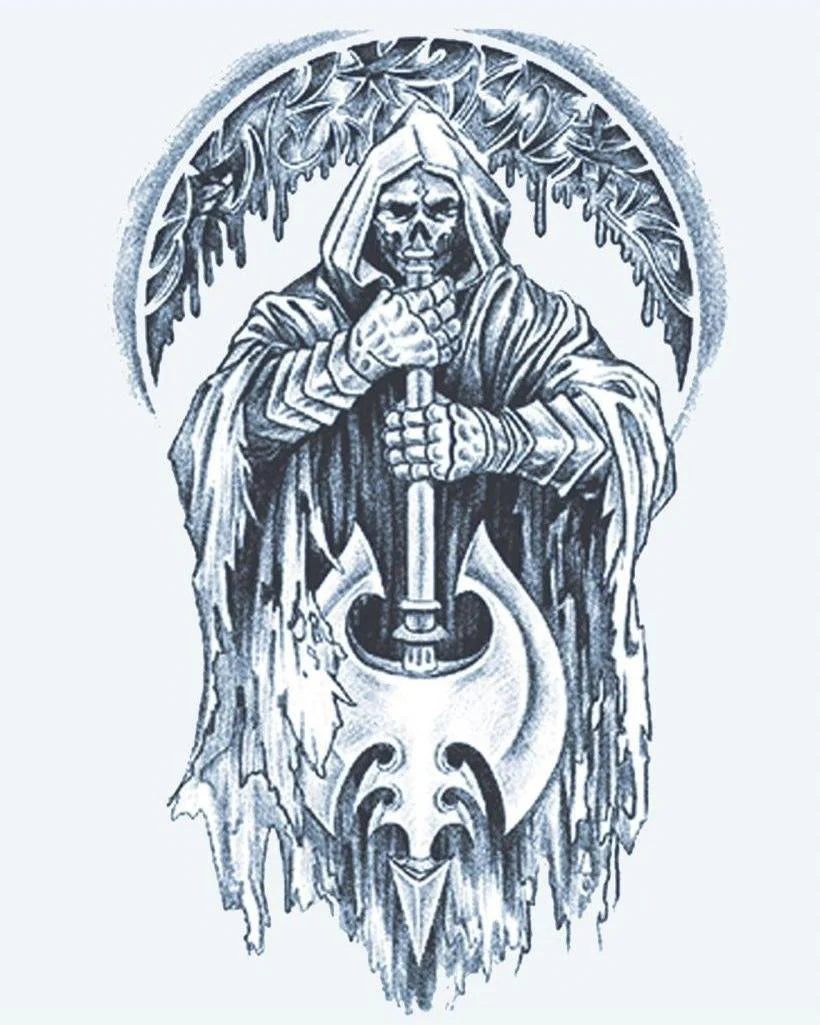 Grim Reaper & Axe semi-permanent tattoo design by INKON – hooded, skeleton, reaper, wielding, massive illustration, 4 x 7 in (10x17cm), available at inkon.co