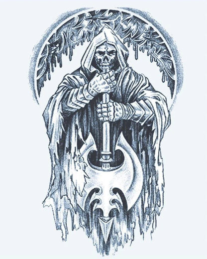 Grim Reaper & Axe semi-permanent tattoo design by INKON – hooded, skeleton, reaper, wielding, massive illustration, 4 x 7 in (10x17cm), available at inkon.co