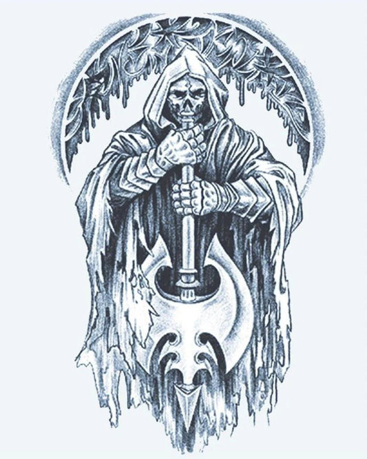 Grim Reaper & Axe semi-permanent tattoo design by INKON – hooded, skeleton, reaper, wielding, massive illustration, 4 x 7 in (10x17cm), available at inkon.co