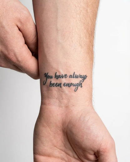 INKON You Have Always Been Enough semi-permanent tattoo applied on a man – 2 x 2 in (5x5cm) design, realistic ink look, lasts 10 days
