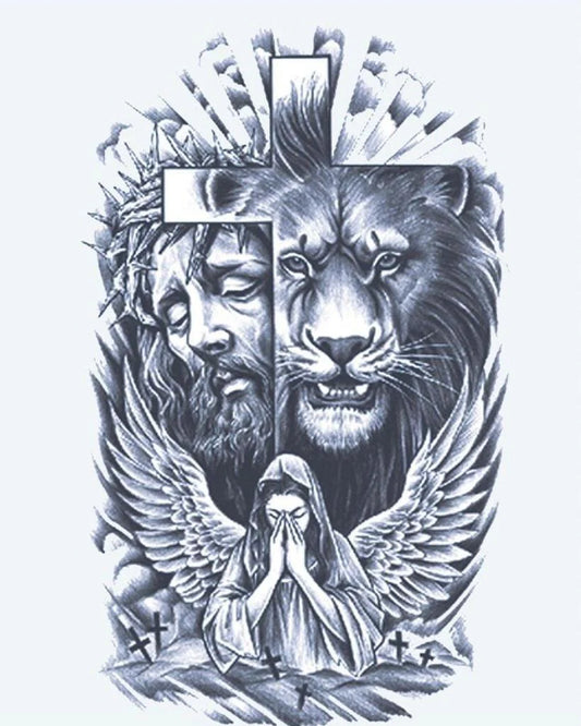 Faith: Lion, Cross & Angel semi-permanent tattoo design by INKON – split, composition, spiritual, figure, lion illustration, 4 x 7 in (10x17cm), available at inkon.co