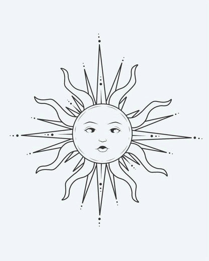 Celestial Sun Face 2 semi-permanent tattoo design by INKON – ornate, serene, human, face, wavy illustration, 2 x 2 in (5x5cm), available at inkon.co