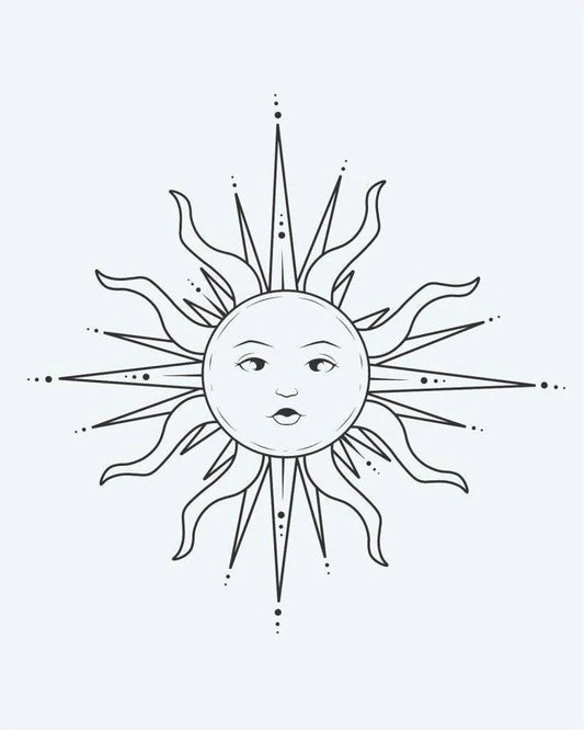 Celestial Sun Face 2 semi-permanent tattoo design by INKON – ornate, serene, human, face, wavy illustration, 2 x 2 in (5x5cm), available at inkon.co