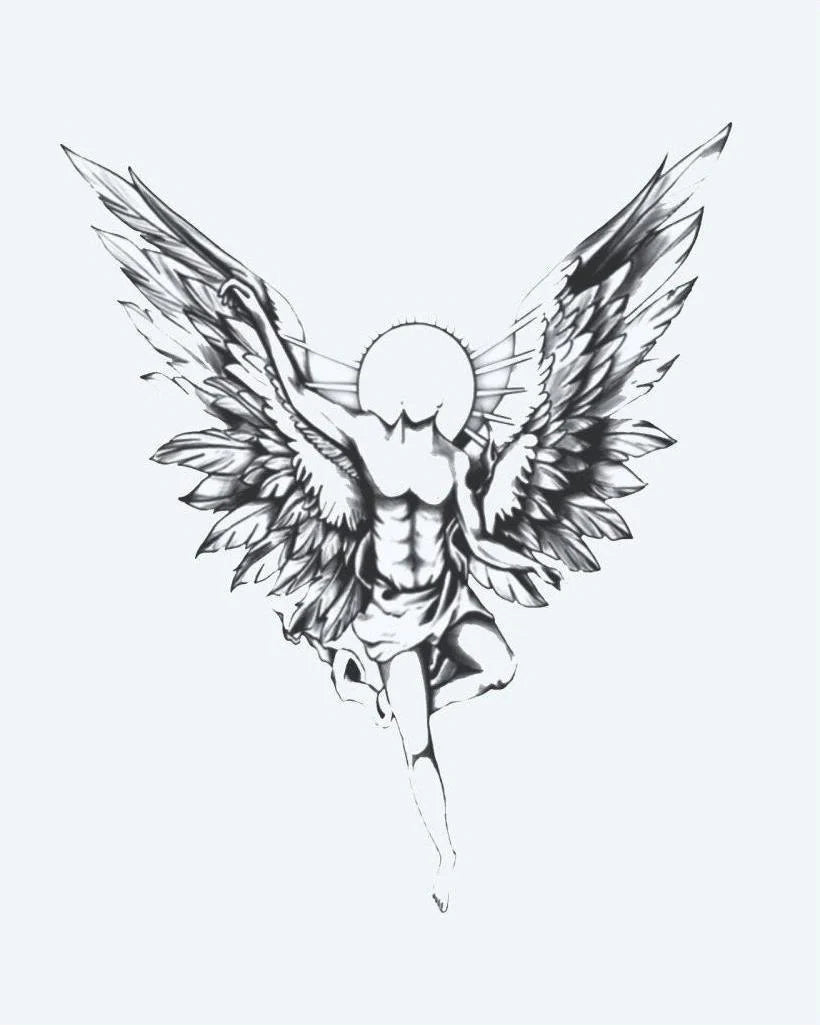 Guardian Angel semi-permanent tattoo design by INKON – majestic, guardian, angel, spread, wings illustration, 4 x 8 in (11x21cm), available at inkon.co