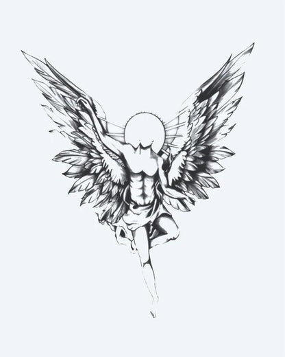 Guardian Angel semi-permanent tattoo design by INKON – majestic, guardian, angel, spread, wings illustration, 4 x 8 in (11x21cm), available at inkon.co