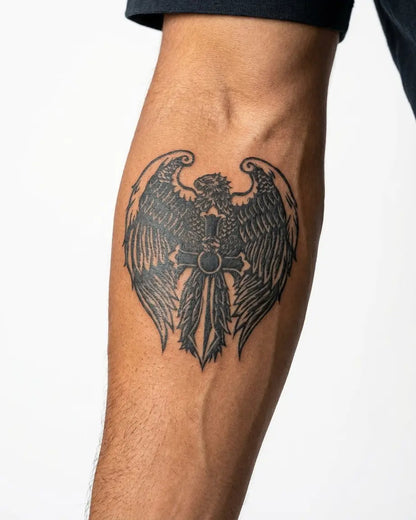 INKON Eagle & Cross semi-permanent tattoo applied on a man – 3 x 4 in (7x10cm) design, realistic ink look, lasts 10 days