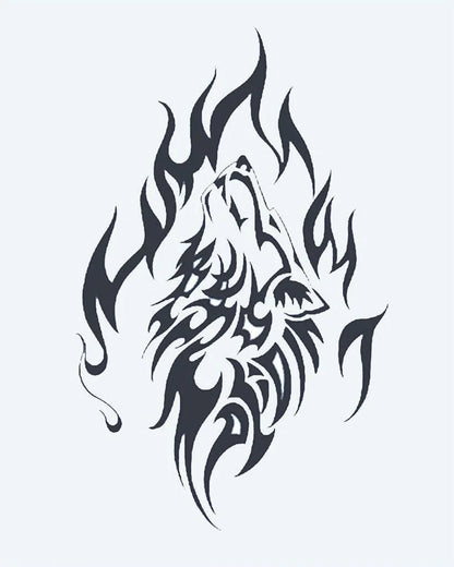 Tribal Howling Wolf semi-permanent tattoo design by INKON – howling, wolf, head, composed, tribal illustration, 4 x 7 in (10x17cm), available at inkon.co