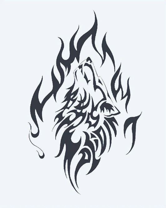 Tribal Howling Wolf semi-permanent tattoo design by INKON – howling, wolf, head, composed, tribal illustration, 4 x 7 in (10x17cm), available at inkon.co