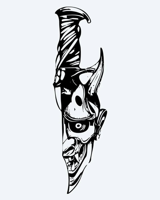 Hannya & Knife semi-permanent tattoo design by INKON – japanese, hannya, mask, merged, knife illustration, 4 x 8 in (11x21cm), available at inkon.co