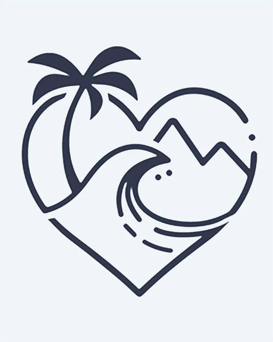 Beach Heart semi-permanent tattoo design by INKON – heart, shaped, scene, palm, tree illustration, 2 x 2 in (5x5cm), available at inkon.co