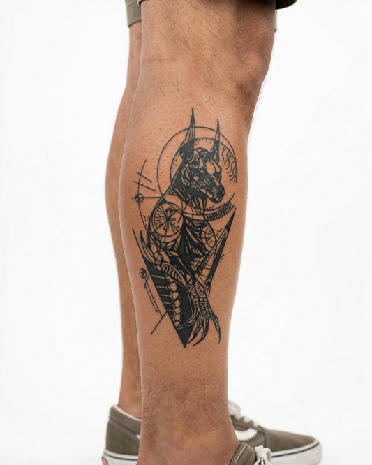 INKON Geometric Anubis semi-permanent tattoo applied on a man – 4 x 7 in (10x17cm) design, realistic ink look, lasts 10 days