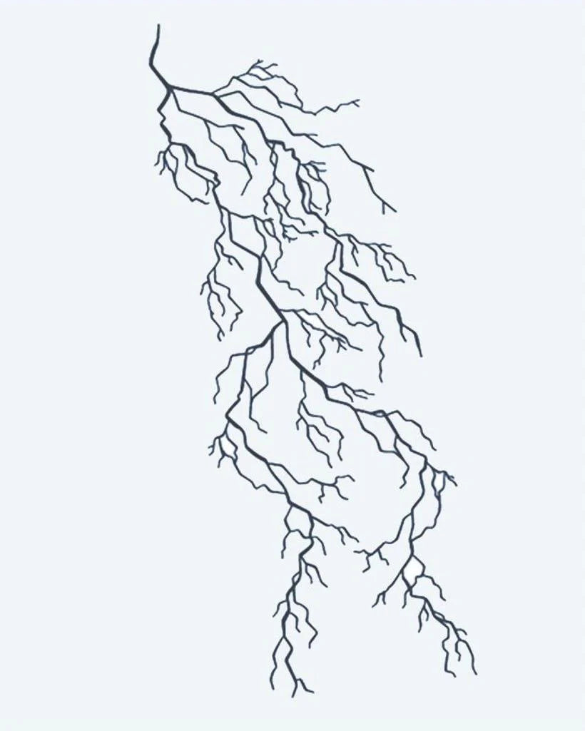 Lightning Bolt semi-permanent tattoo design by INKON – branching, lightning, bolt, fine, electrical illustration, 4 x 7 in (10x17cm), available at inkon.co