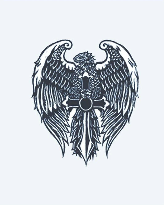 Eagle & Cross semi-permanent tattoo design by INKON – eagle, spread, wings, perched, ornate illustration, 3 x 4 in (7x10cm), available at inkon.co