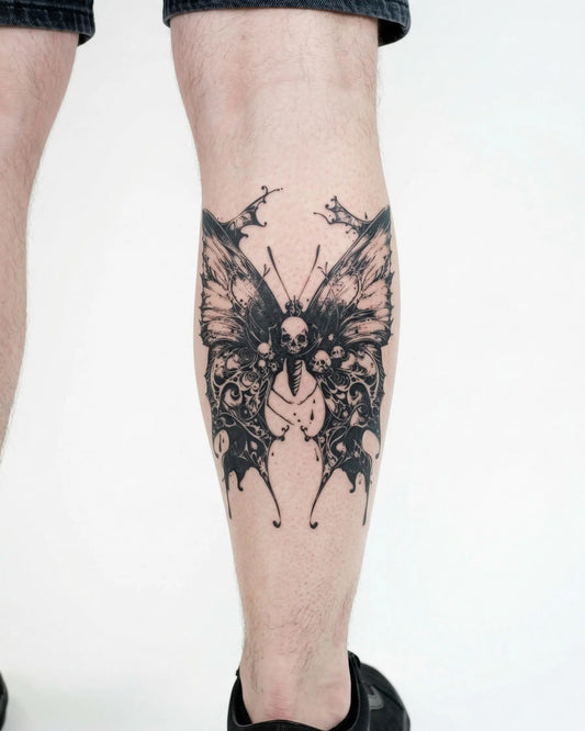 INKON Skull Butterfly semi-permanent tattoo applied on a man – 4 x 7 in (10x17cm) design, realistic ink look, lasts 10 days