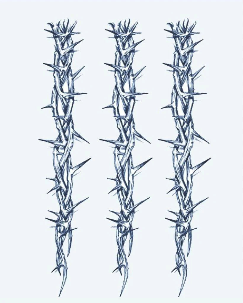 Thorn Vine Bands semi-permanent tattoo design by INKON – three, vertical, thorn, vine, strands illustration, 4 x 7 in (10x17cm), available at inkon.co
