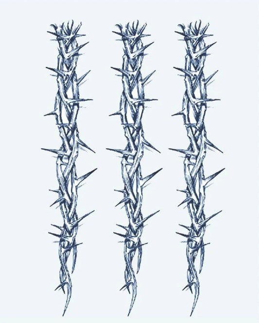 Thorn Vine Bands semi-permanent tattoo design by INKON – three, vertical, thorn, vine, strands illustration, 4 x 7 in (10x17cm), available at inkon.co