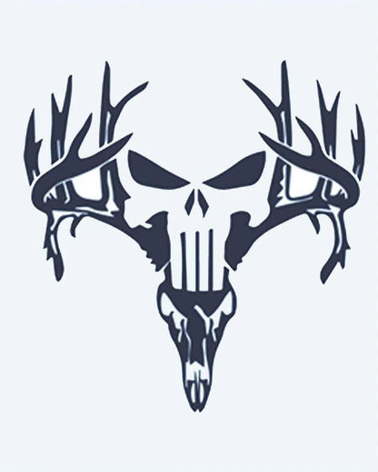 Deer Skull with Antlers semi-permanent tattoo design by INKON – menacing, skull, fused, deer, large illustration, 2 x 2 in (5x5cm), available at inkon.co