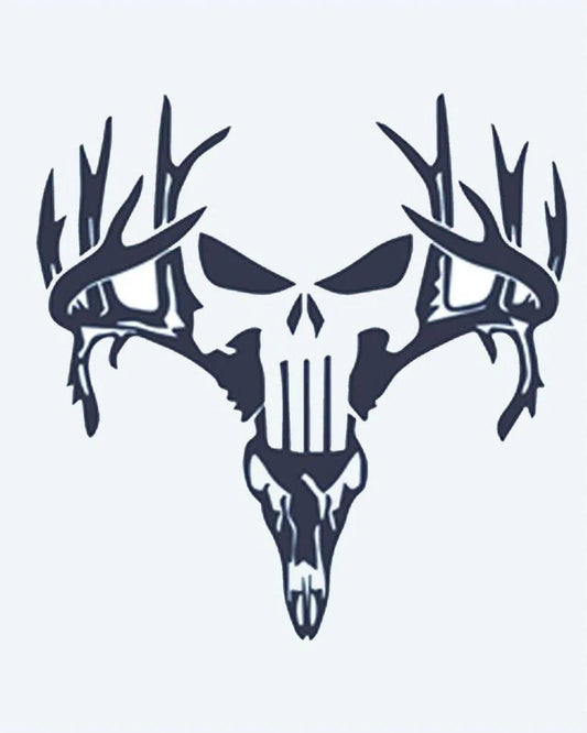 Deer Skull with Antlers semi-permanent tattoo design by INKON – menacing, skull, fused, deer, large illustration, 2 x 2 in (5x5cm), available at inkon.co