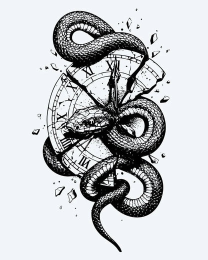 Snake & Shattered Clock semi-permanent tattoo design by INKON – serpent, coiled, breaking, roman, numeral illustration, 4 x 7 in (10x17cm), available at inkon.co