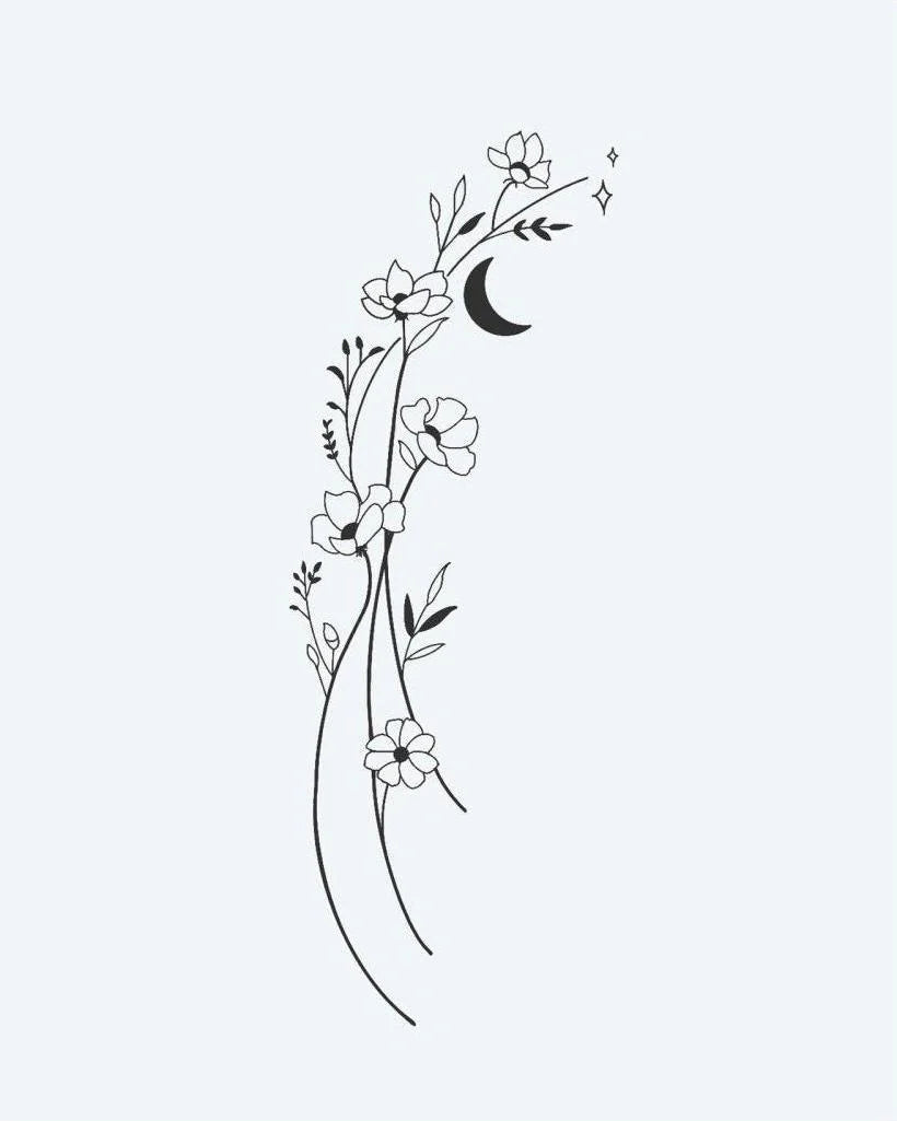 Floral Moon Vine semi-permanent tattoo design by INKON – delicate, fine, line, flowing, vine illustration, 3 x 4 in (6x11cm), available at inkon.co