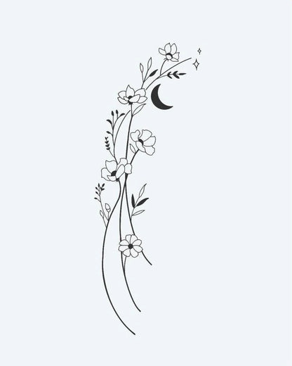 Floral Moon Vine semi-permanent tattoo design by INKON – delicate, fine, line, flowing, vine illustration, 3 x 4 in (6x11cm), available at inkon.co