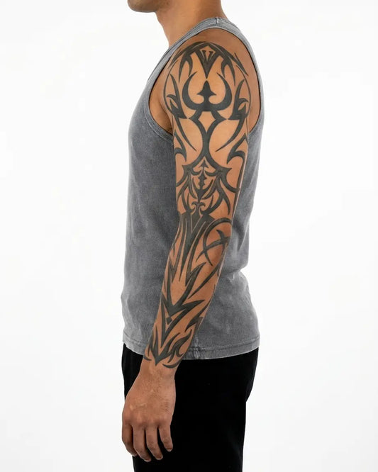 INKON Gothic Tribal Symmetry semi-permanent tattoo applied on a man – 8 x 20 in (20x50cm) design, realistic ink look, lasts 10 days