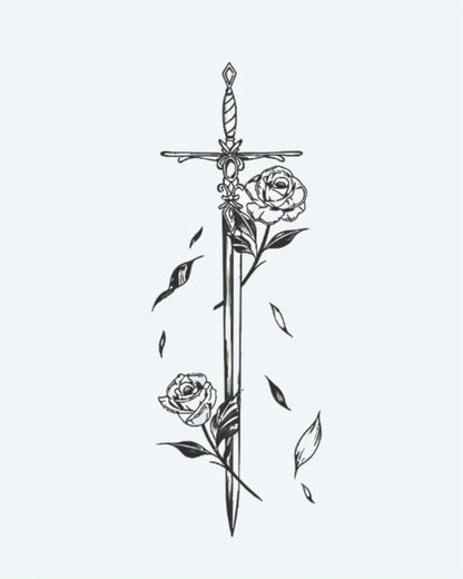 Sword & Roses semi-permanent tattoo design by INKON – sword, adorned, delicate, roses, falling illustration, 4 x 7 in (10x17cm), available at inkon.co