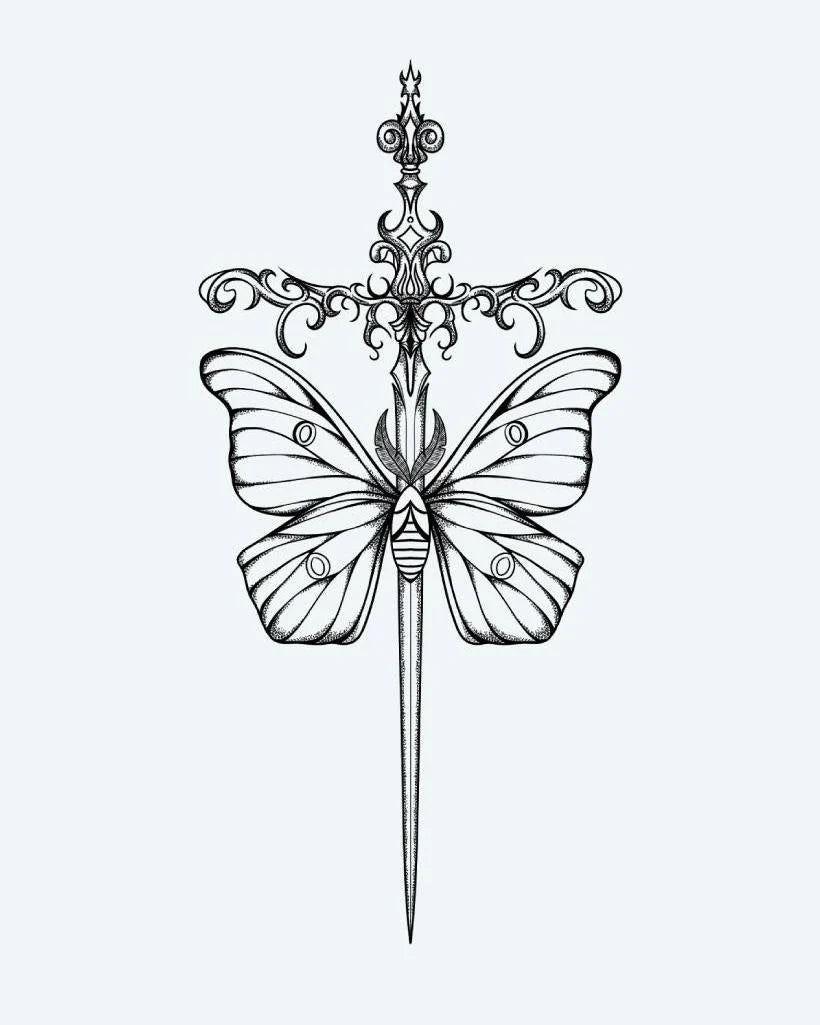 Moth & Ornate Dagger semi-permanent tattoo design by INKON – fine, line, blackwork, details, ornate illustration, 4 x 8 in (11x21cm), available at inkon.co
