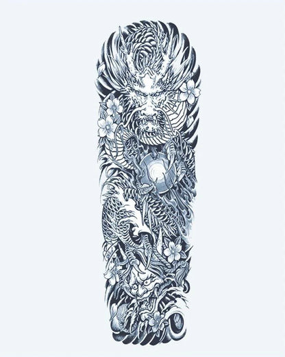 Japanese Dragon & Pearl semi-permanent tattoo design by INKON – japanese, full, sleeve, roaring, dragon illustration, 8 x 20 in (20x50cm), available at inkon.co