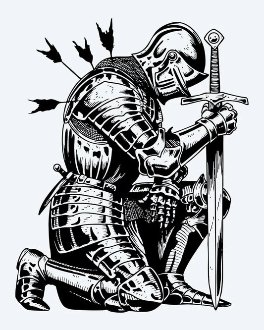 Fallen Knight semi-permanent tattoo design by INKON – kneeling, medieval, knight, full, armor illustration, 4 x 7 in (10x17cm), available at inkon.co
