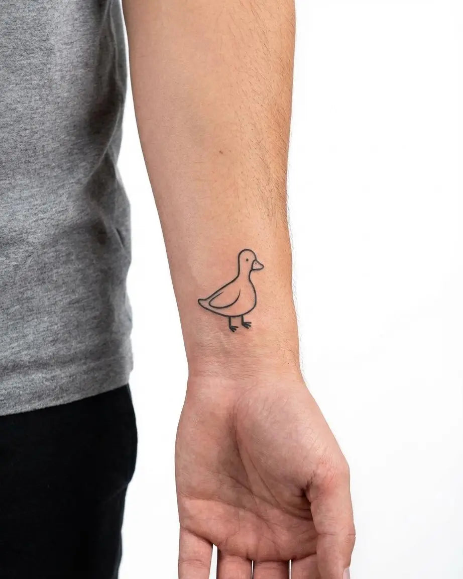 INKON Little Duck semi-permanent tattoo applied on a man – 2 x 2 in (5x5cm) design, realistic ink look, lasts 10 days