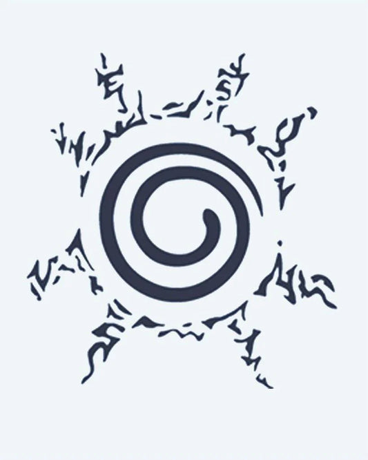 Spiral Seal semi-permanent tattoo design by INKON – spiral, surrounded, jagged, flame, rays illustration, 2 x 2 in (5x5cm), available at inkon.co