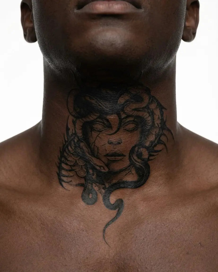 INKON Medusa semi-permanent tattoo applied on a man – 4 x 7 in (10x17cm) design, realistic ink look, lasts 10 days
