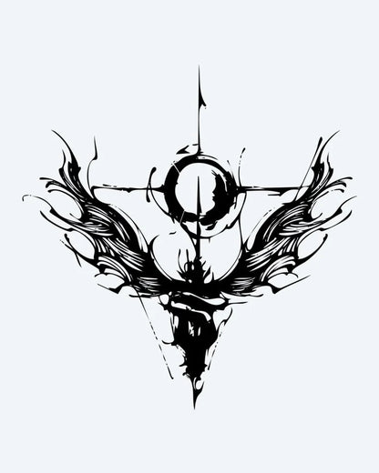 Abstract Angel Cross semi-permanent tattoo design by INKON – abstract, cross, crescent, sweeping, wings illustration, 4 x 4 in (9x9cm), available at inkon.co