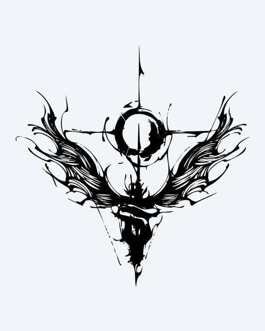 Abstract Angel Cross semi-permanent tattoo design by INKON – abstract, cross, crescent, sweeping, wings illustration, 4 x 4 in (9x9cm), available at inkon.co