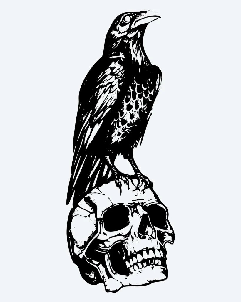 Raven on Skull semi-permanent tattoo design by INKON – dark, raven, perched, atop, human illustration, 4 x 7 in (10x17cm), available at inkon.co