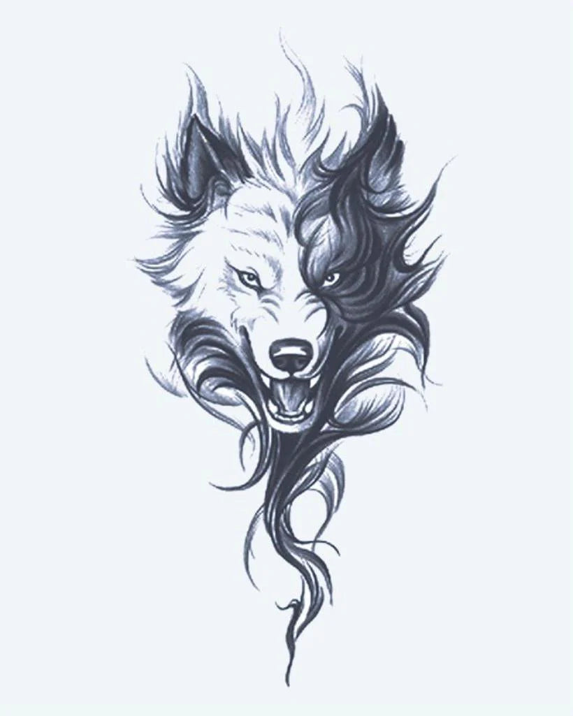 Fierce Wolf semi-permanent tattoo design by INKON – snarling, wolf, head, wild, flowing illustration, 4 x 7 in (10x17cm), available at inkon.co