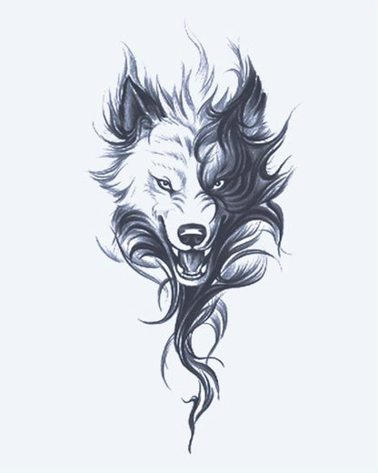 Fierce Wolf semi-permanent tattoo design by INKON – snarling, wolf, head, wild, flowing illustration, 4 x 7 in (10x17cm), available at inkon.co