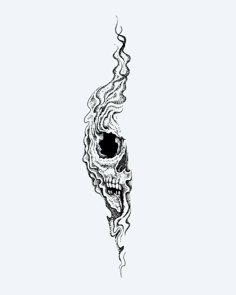 Smoke Skull semi-permanent tattoo design by INKON – haunting, screaming, skull, dissolving, wisps illustration, 8 x 20 in (20x50cm), available at inkon.co
