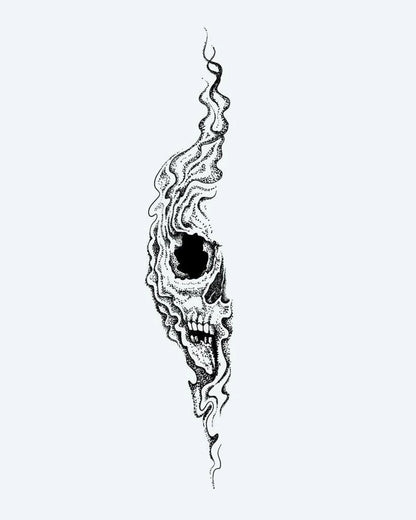 Smoke Skull semi-permanent tattoo design by INKON – haunting, screaming, skull, dissolving, wisps illustration, 8 x 20 in (20x50cm), available at inkon.co