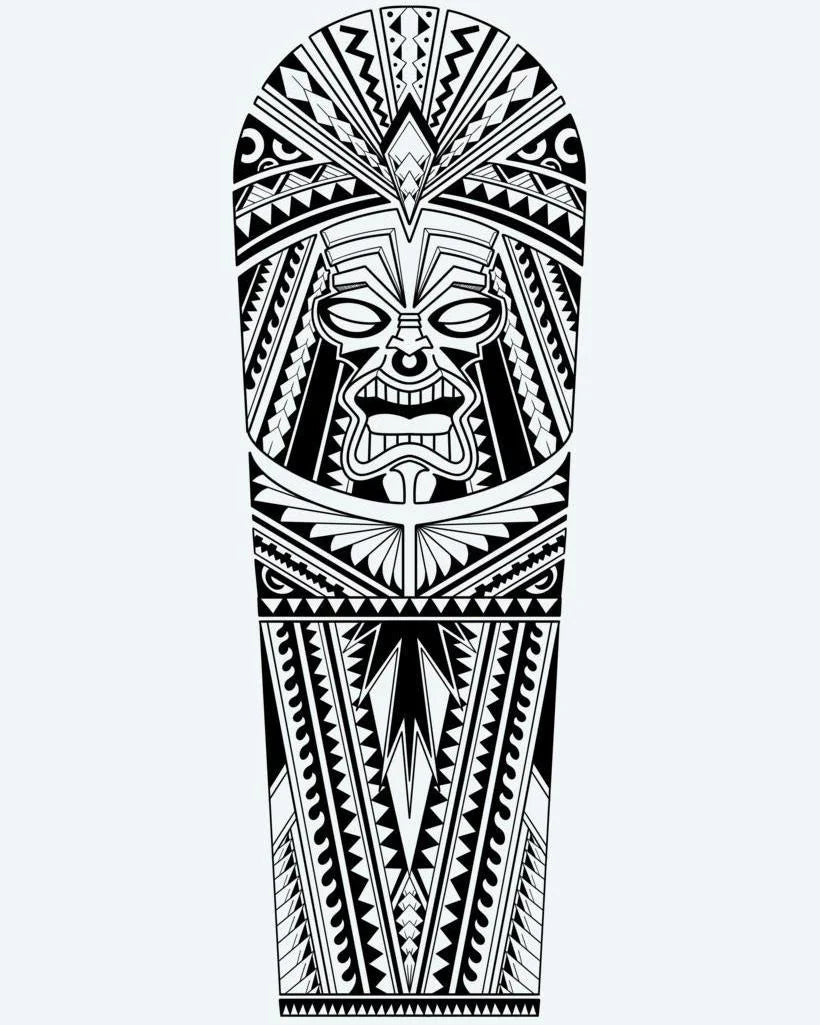 Polynesian Tiki Warrior semi-permanent tattoo design by INKON – imposing, polynesian, tiki, warrior, mask illustration, 8 x 20 in (20x50cm), available at inkon.co