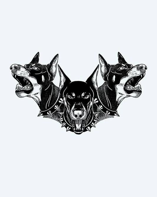 Cerberus Triple Doberman semi-permanent tattoo design by INKON – three, snarling, doberman, heads, mythical illustration, 4 x 4 in (9x9cm), available at inkon.co