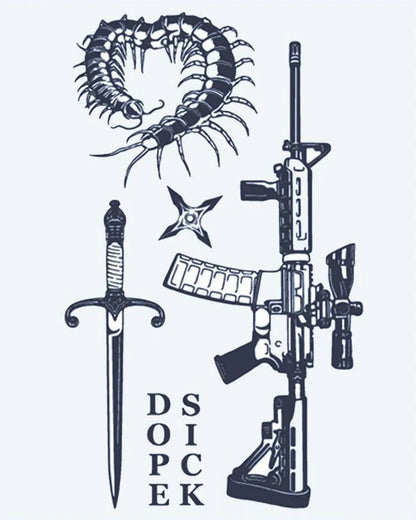 Weapons & Centipede Flash Sheet semi-permanent tattoo design by INKON – flash, sheet, centipede, dagger, rifle illustration, 4 x 7 in (10x17cm), available at inkon.co