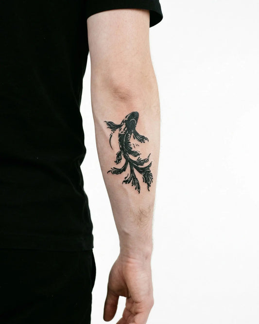 INKON Koi Fish Ink Brush semi-permanent tattoo applied on a man – 4 x 4 in (9x9cm) design, realistic ink look, lasts 10 days