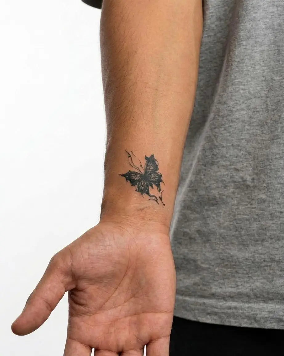 INKON Ink Splash Butterfly semi-permanent tattoo applied on a man – 2 x 2 in (5x5cm) design, realistic ink look, lasts 10 days
