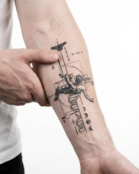 INKON Cherub & Sacred Geometry semi-permanent tattoo applied on a man – 4 x 8 in (11x21cm) design, realistic ink look, lasts 10 days