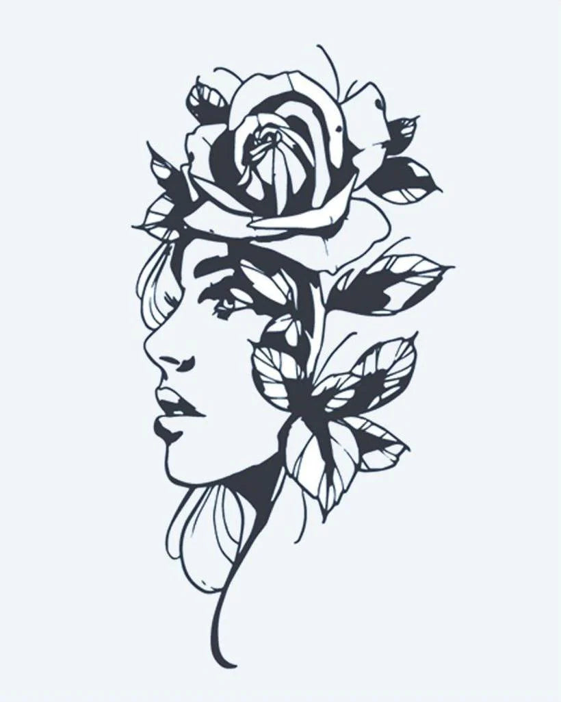 Woman & Rose Portrait semi-permanent tattoo design by INKON – silhouette, woman, profile, large, rose illustration, 4 x 7 in (10x17cm), available at inkon.co