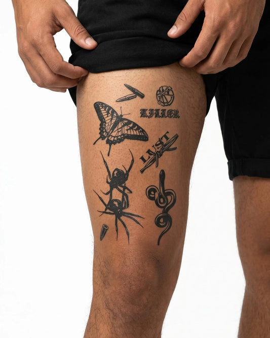 INKON Dark Flash Sheet semi-permanent tattoo applied on a man – 4 x 7 in (10x17cm) design, realistic ink look, lasts 10 days