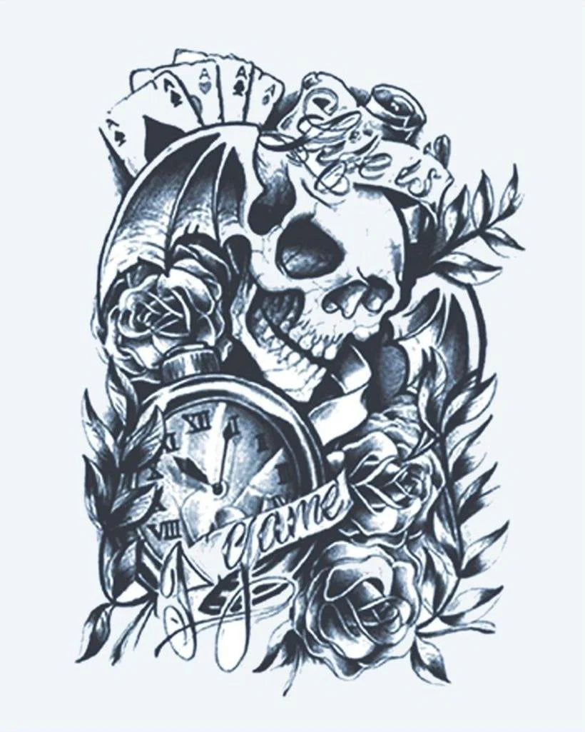Skull, Clock & Cards semi-permanent tattoo design by INKON – skull, playing, cards, pocket, watch illustration, 4 x 7 in (10x17cm), available at inkon.co