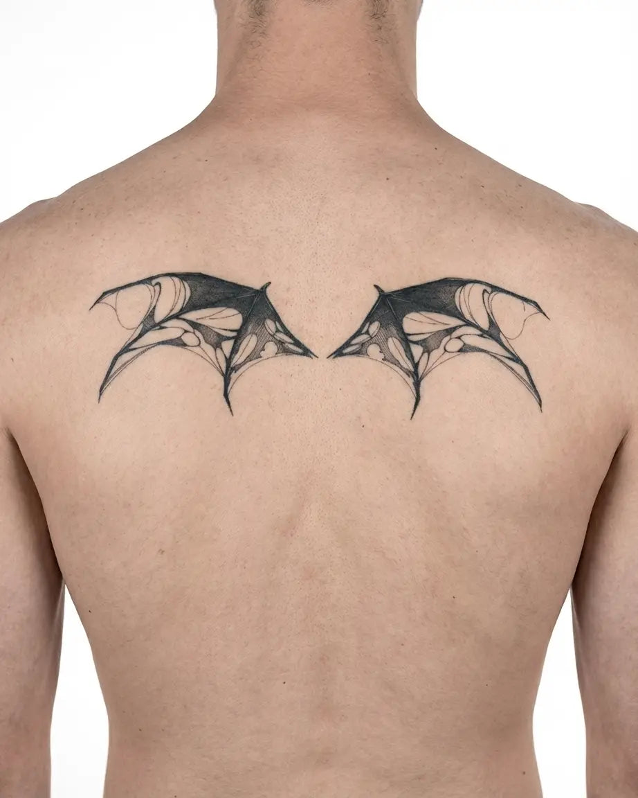 INKON Tattered Demon Wings semi-permanent tattoo applied on a man – 4 x 8 in (11x21cm) design, realistic ink look, lasts 10 days